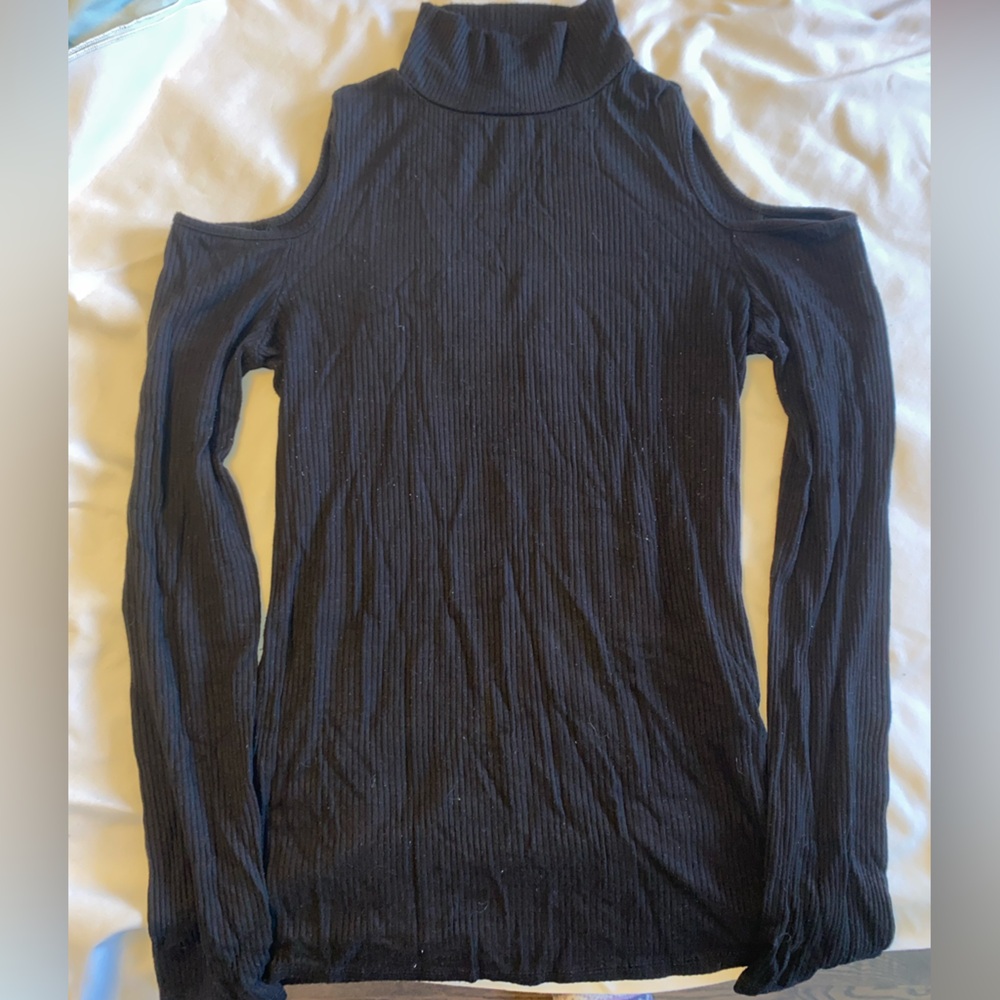 Black Ribbed Turtleneck Top | Shoulder Cut-outs